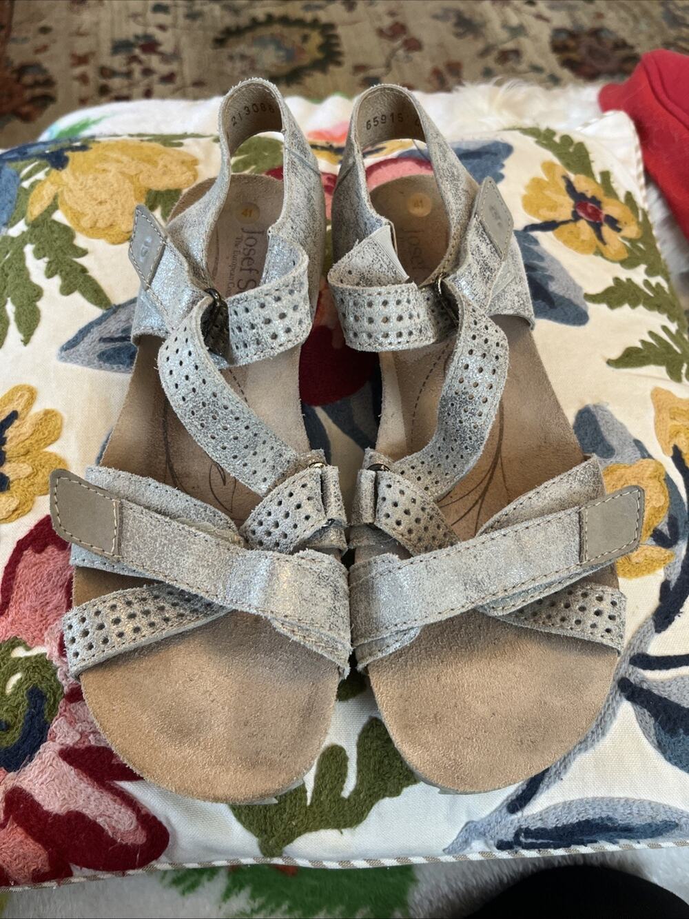 Josef Seibel Metallic Silver Leather Cork Sandals Comfort Size 41/10 Boho